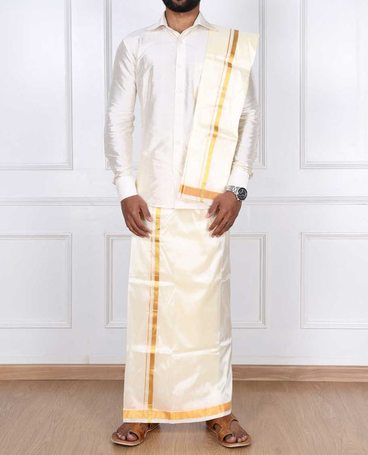 Cream zari border puresilk & polyester mix double-layer dhoti with angavastram