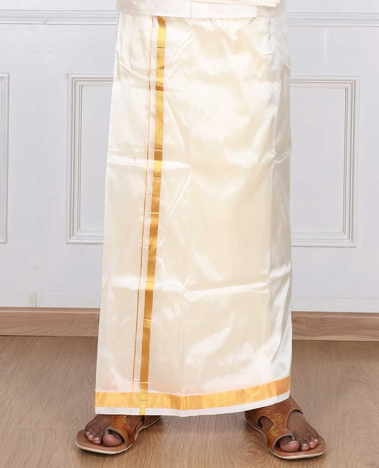 Cream zari border puresilk & polyester mix double-layer dhoti with angavastram