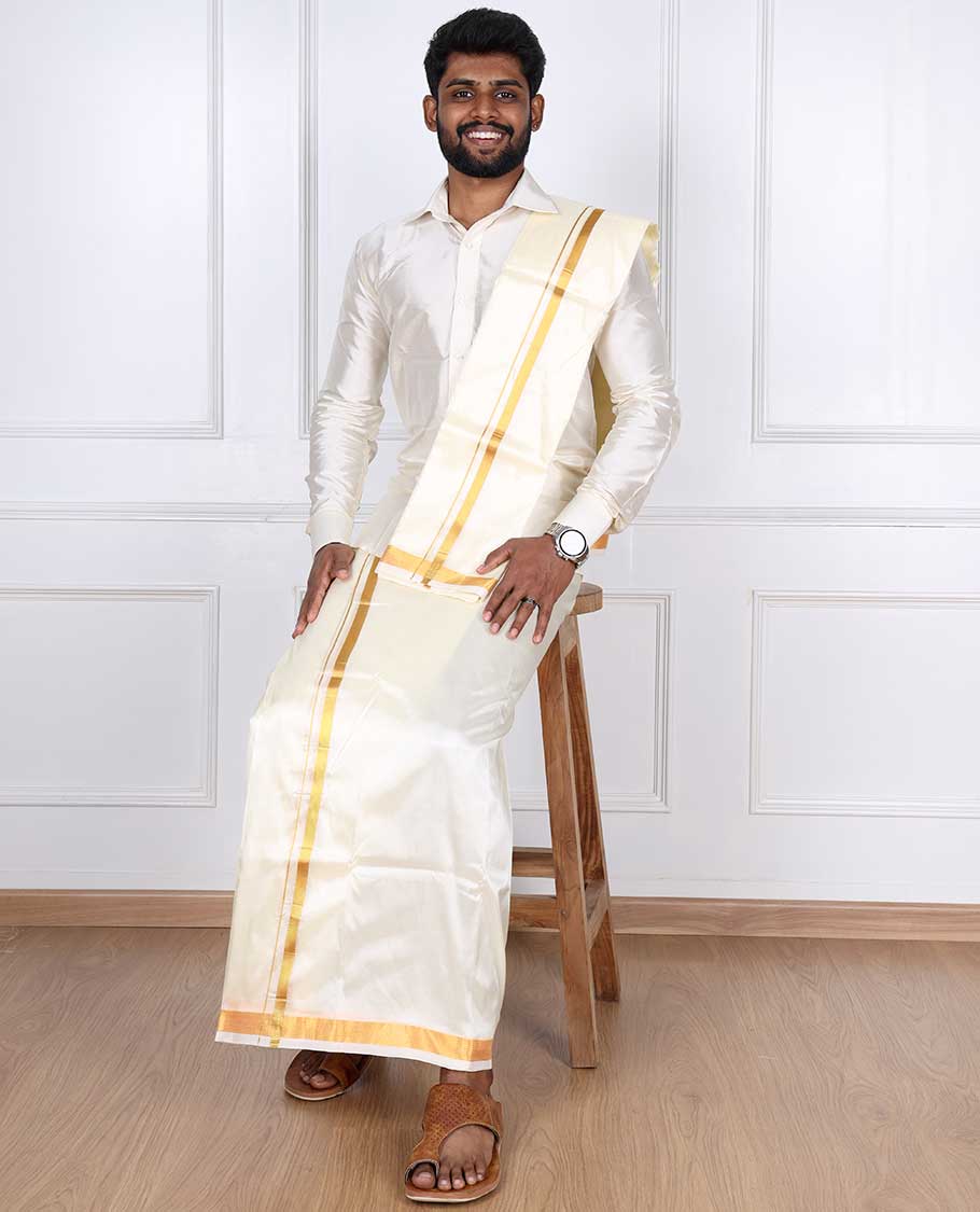 Cream zari border puresilk & polyester mix double-layer dhoti with angavastram