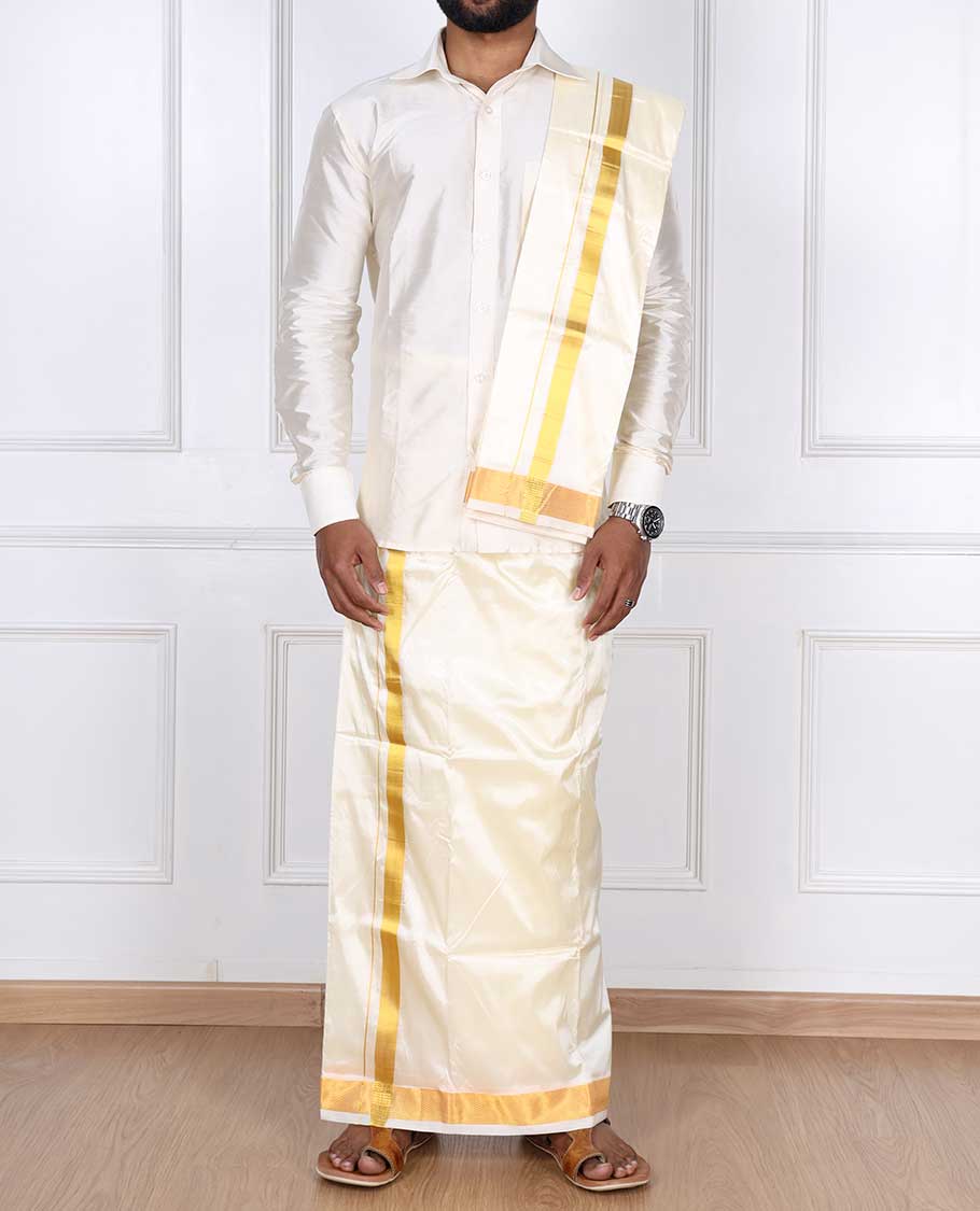 Cream zari border puresilk & polyester mix double-layer dhoti with angavastram