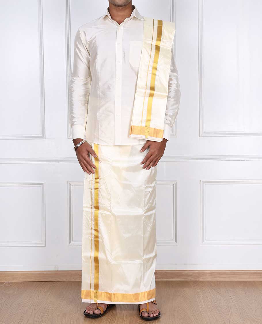 Cream zari border puresilk & polyester mix double-layer dhoti with angavastram