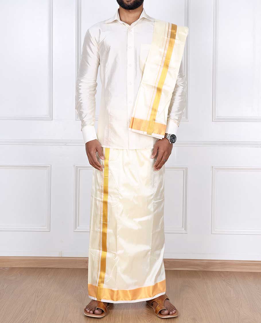 Cream zari border puresilk & polyester mix double-layer dhoti with angavastram