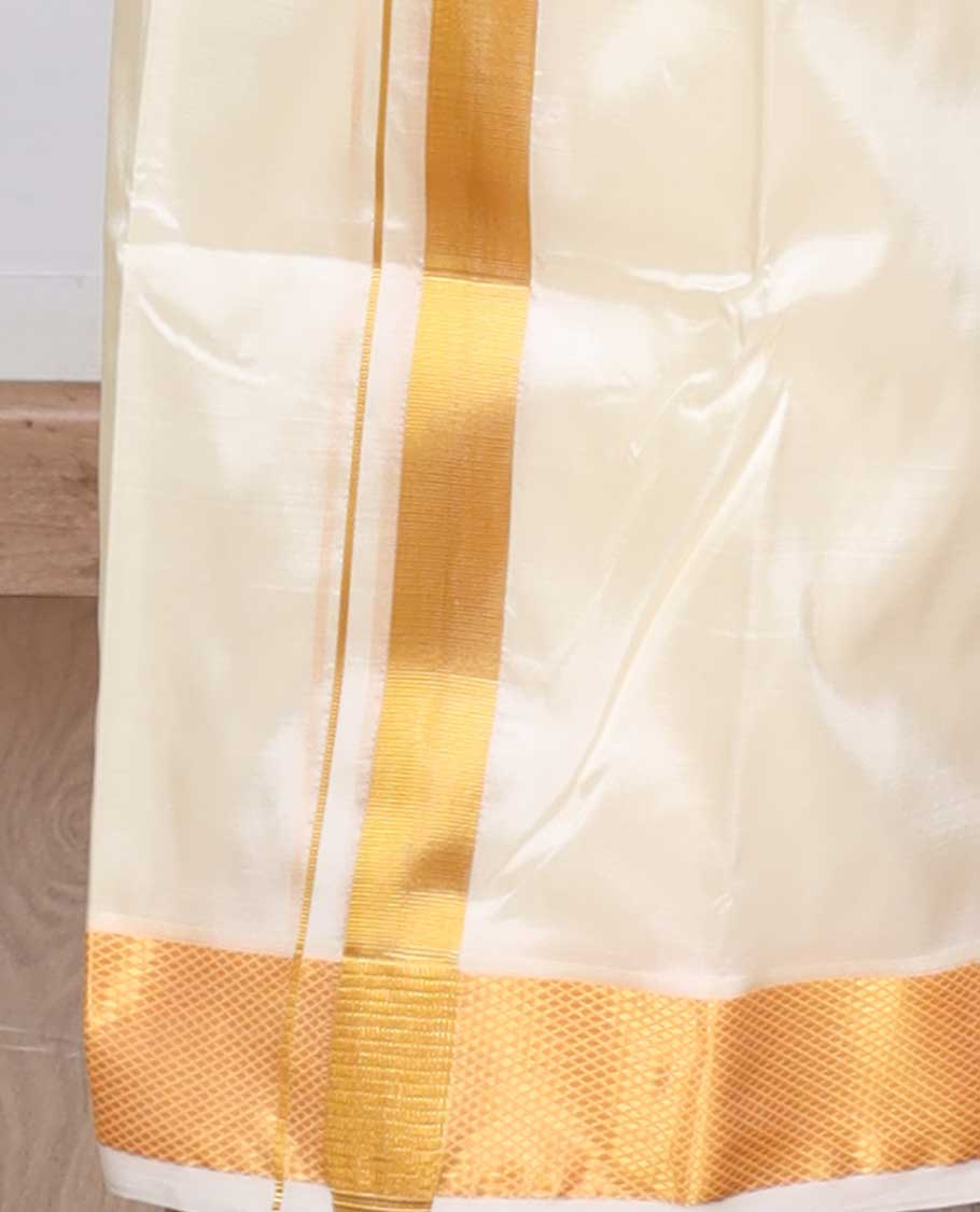 Cream zari border puresilk & polyester mix double-layer dhoti with angavastram