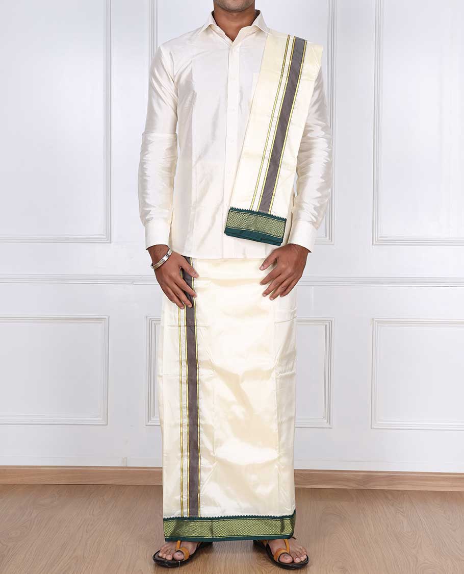 Cream puresilk & polyester mix double-layer dhoti & angavastram with contrast traditional zari border