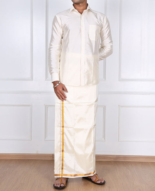 Cream zari border double-layer art silk casual wear dhoti 