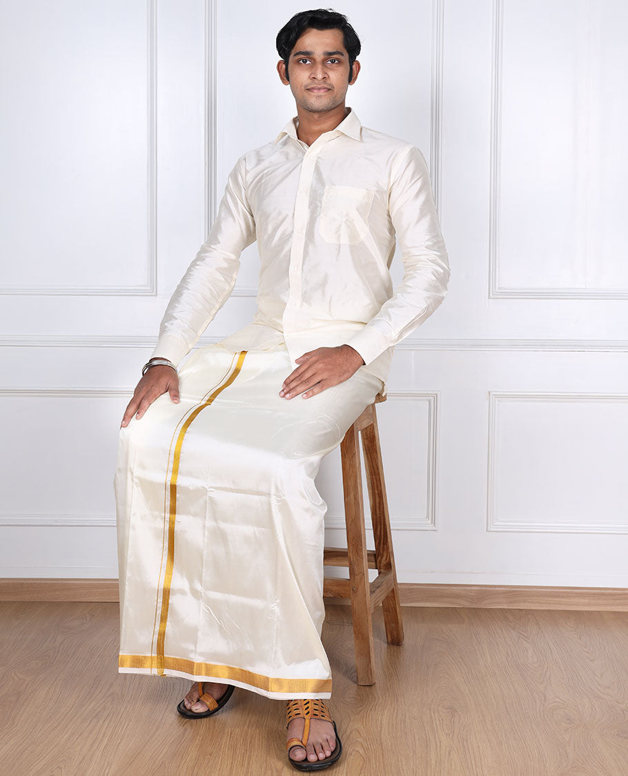 Cream zari border double-layer art silk casual wear dhoti 
