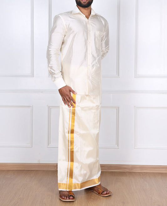 Cream zari border double-layer art silk casual wear dhoti 