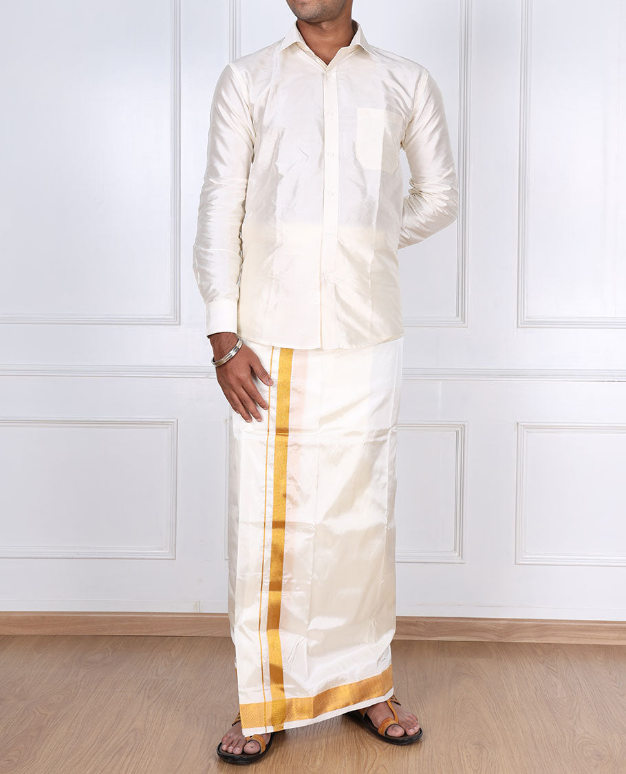 Cream zari border art silk casual wear dhoti