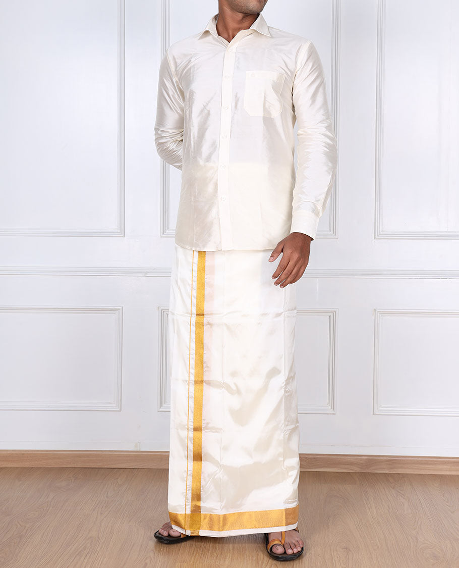 Cream zari border art silk casual wear dhoti