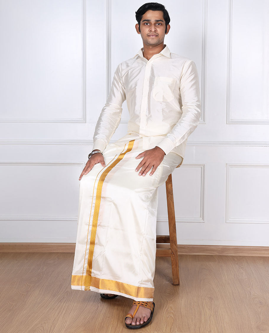 Cream zari border art silk casual wear dhoti