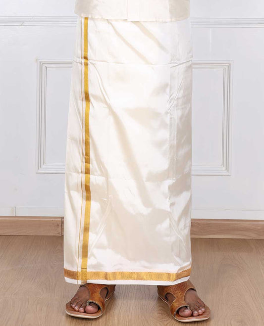 Cream art silk  gold zari border double-layer dhoti with angavastram 
