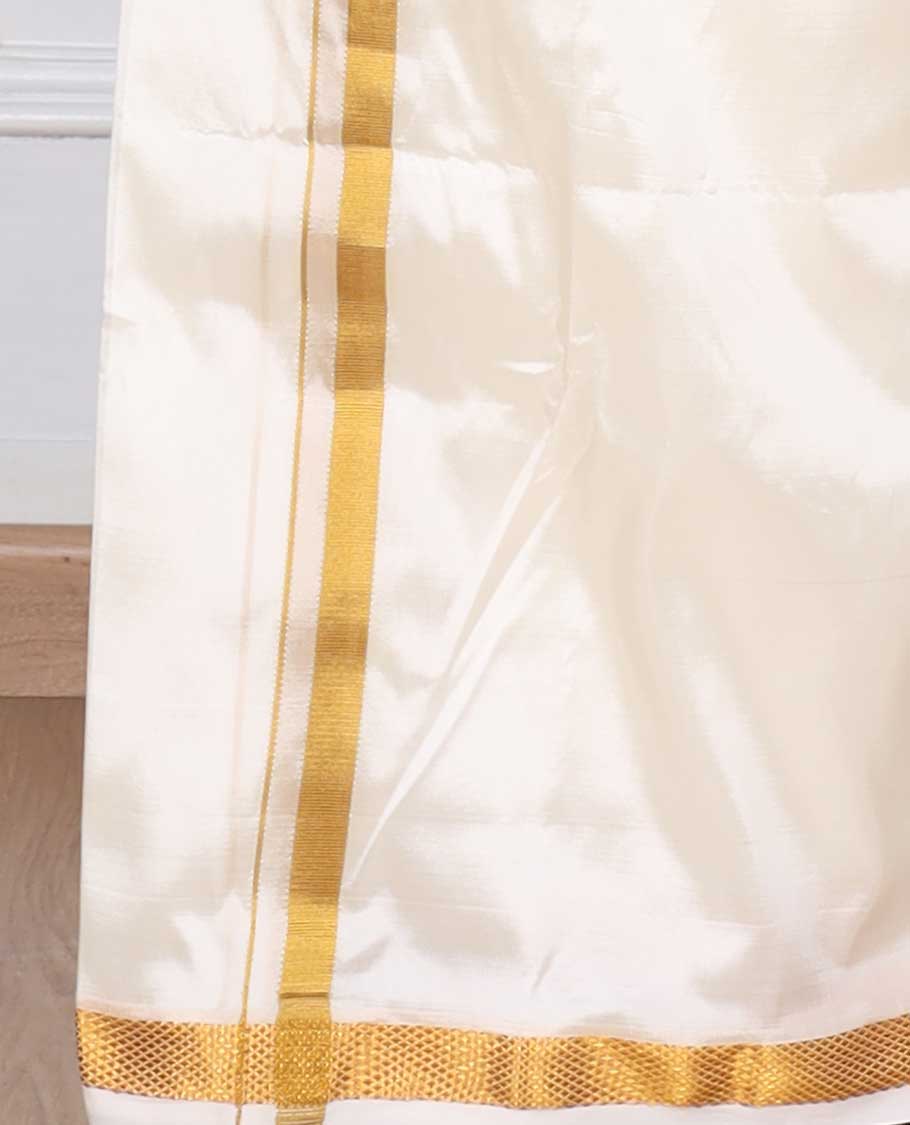 Cream art silk  gold zari border double-layer dhoti with angavastram 