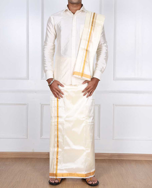 Cream art silk gold zari border double-layer dhoti & angavastram