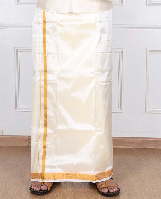 Cream art silk gold zari border double-layer dhoti & angavastram