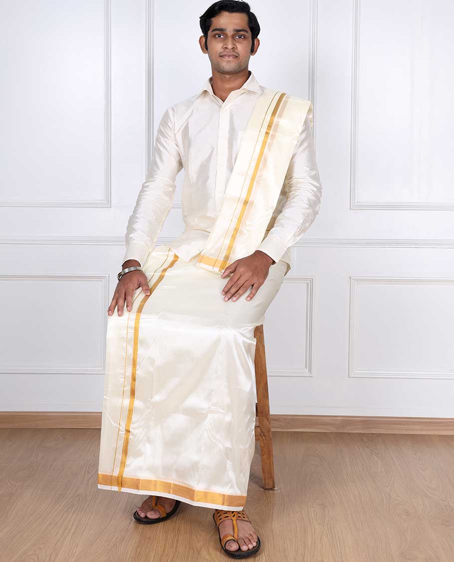 Cream art silk gold zari border double-layer dhoti & angavastram
