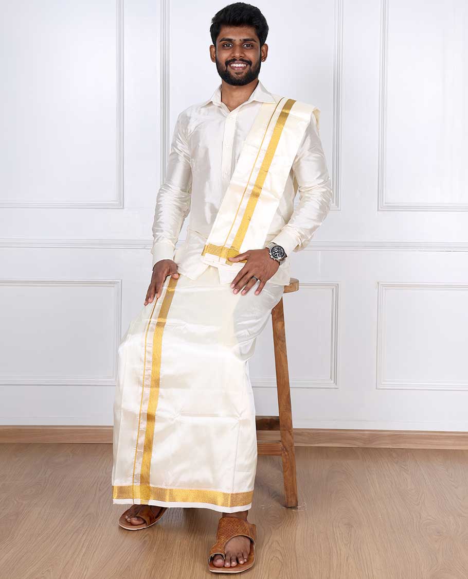 Butter cream art silk gold zari border double-layer dhoti & angavastram 