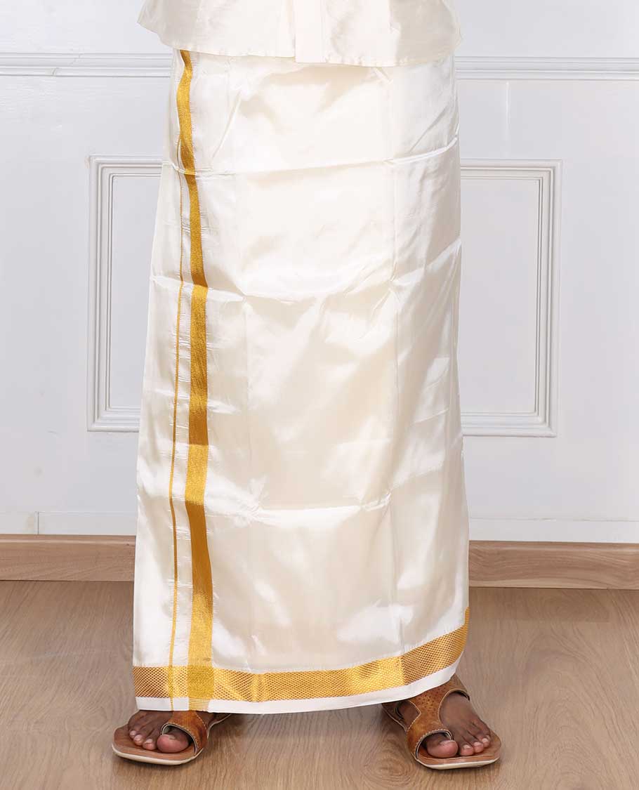 Butter cream art silk gold zari border double-layer dhoti & angavastram 