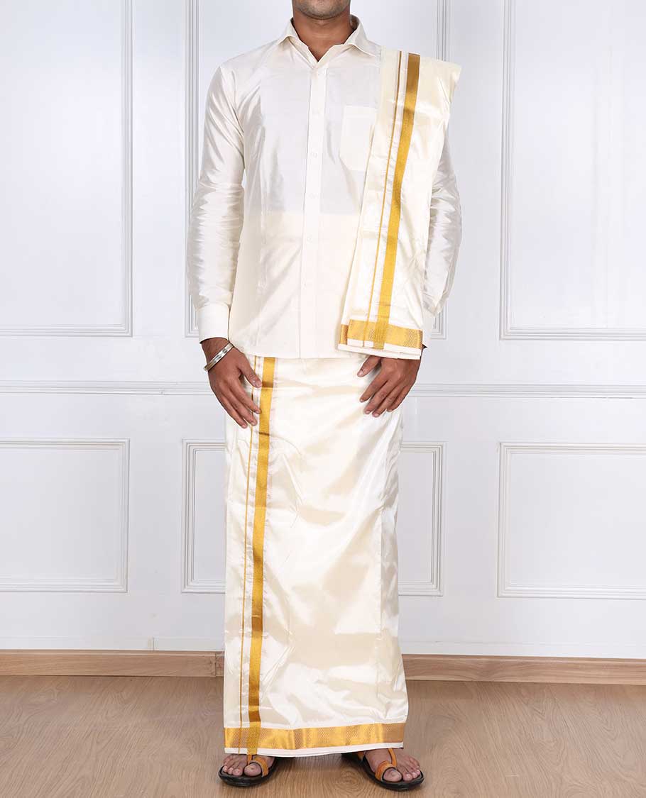 Cream art silk gold zari border double-layer dhoti & angavastram