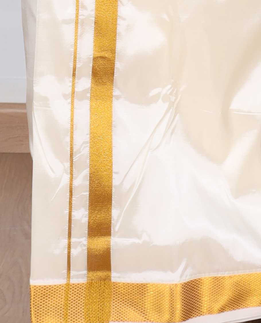Cream art silk gold zari border double-layer dhoti & angavastram