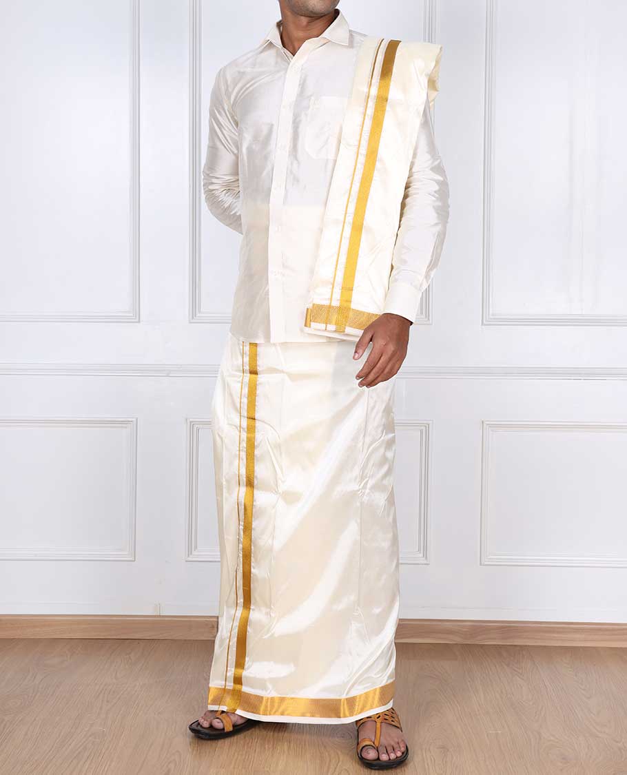 Cream art silk gold zari border double-layer dhoti & angavastram