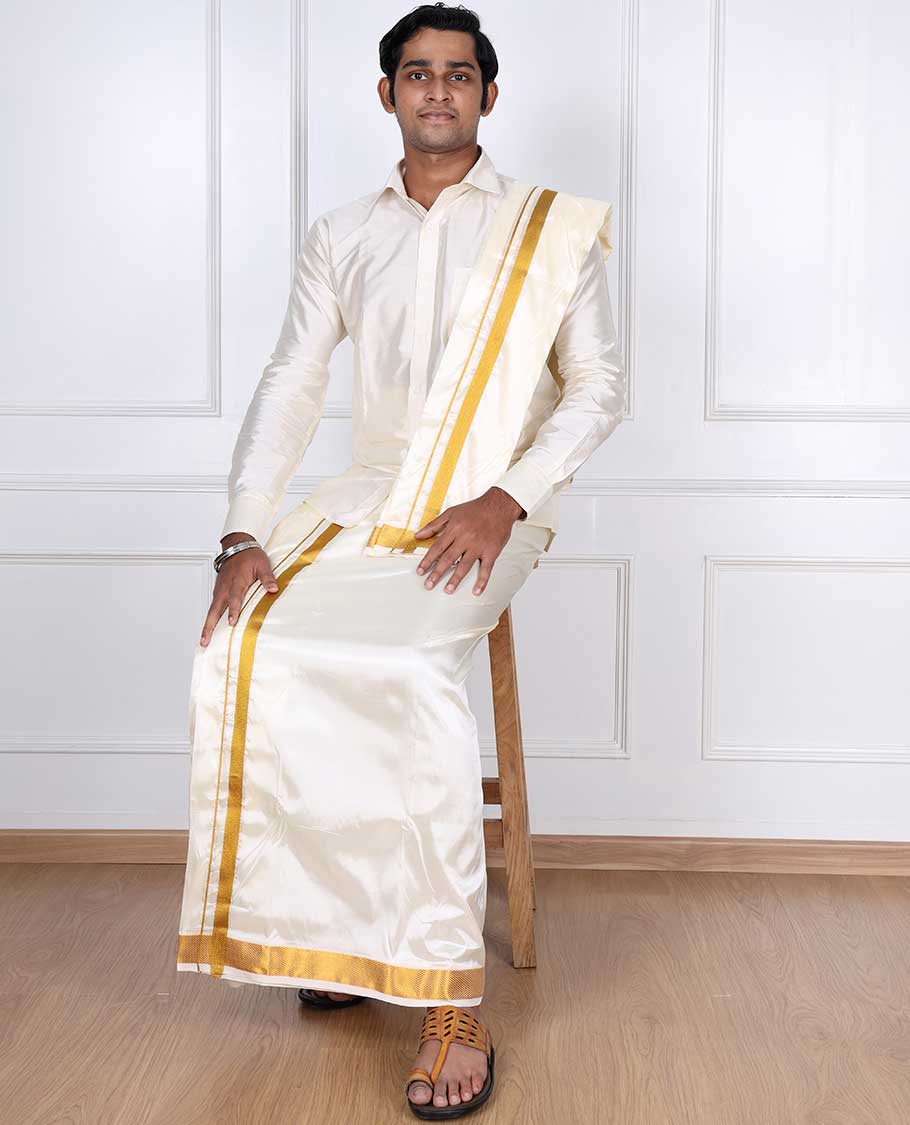 Cream art silk gold zari border double-layer dhoti & angavastram
