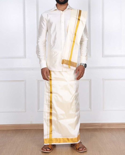 Cream art silk double-layer dhoti & angavastram with gold zari border 