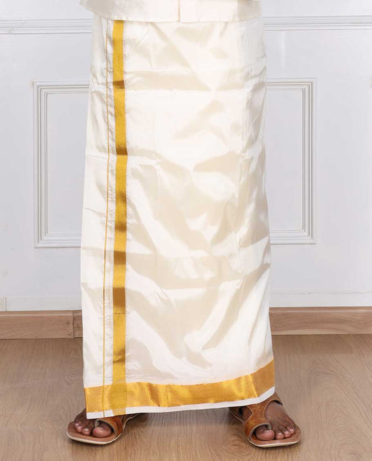 Cream art silk double-layer dhoti & angavastram with gold zari border 