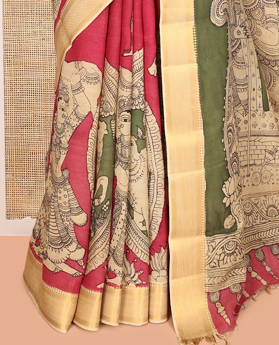 Red Kalamkari Silk Saree, Gracefully Embellished with Ancient Human Motifs Print, a Contrast Traditional Zari Border, Pallu Features God and Goddess Designs, and a Contrast Blouse