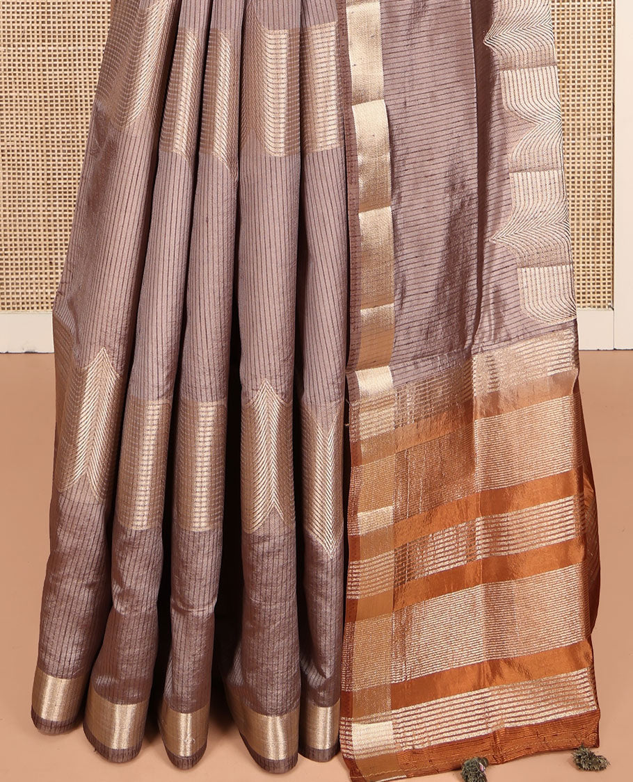 Brown Dupion Silk Saree, Boldly Accentuated with Zig-Zag Stripes, Highlighted by Zari Border, Complemented by a Contrast Zari Striped Pallu, and a Contrast Blouse