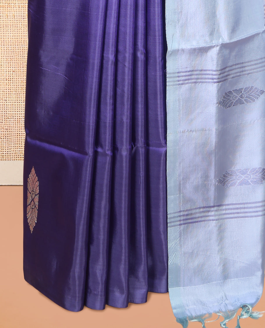 Borderless Blue Banana Pith Saree, Woven with Buttas, a Contrast Pallu of Stripes and Buttas, and a Contrast Blouse