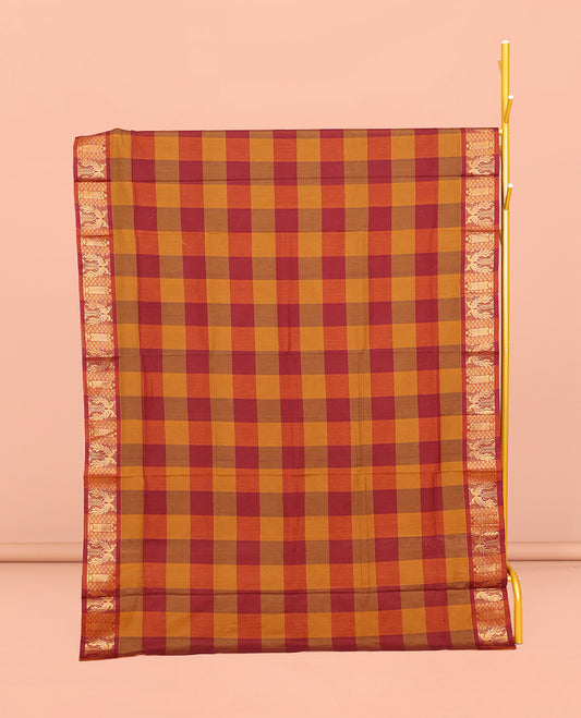 Orange-Red Chettinad Cotton Saree, Accentuated with Macro-Checks, Highlighted by Peacock Motifs Zari Border, Pallu of Stripes, and No Blouse