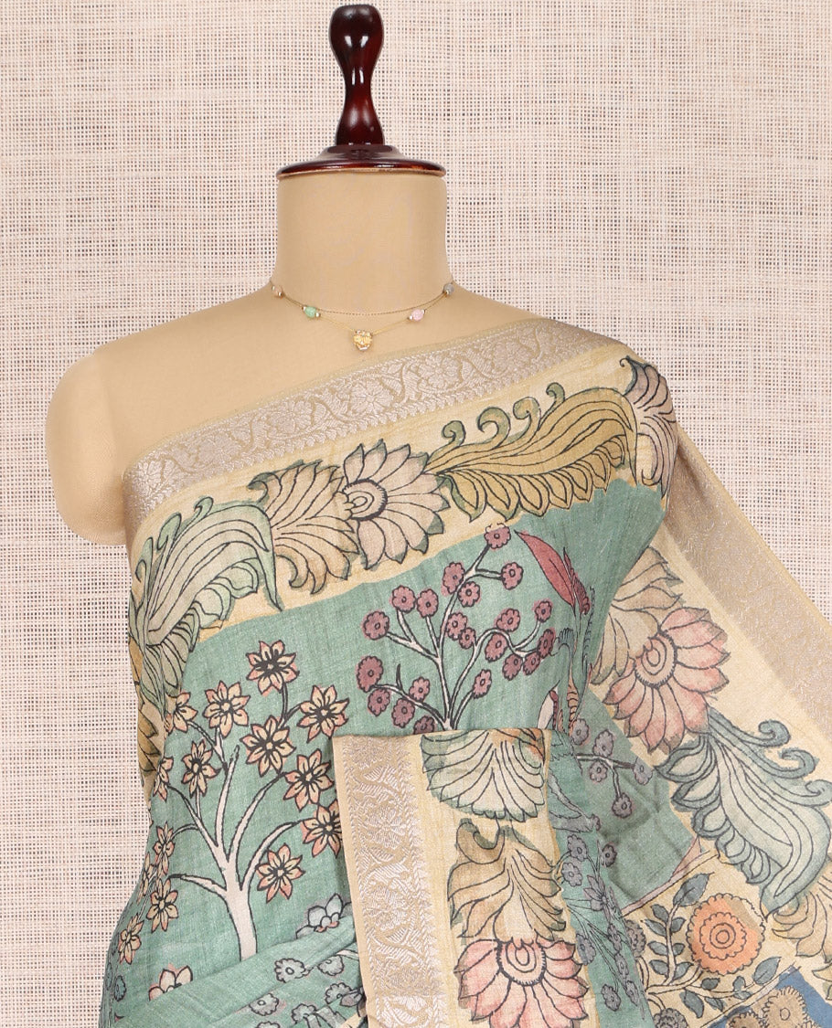 Green Kalamkari Printed Fancy Tussar Saree