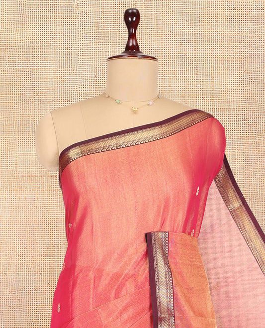 Peach Maheshwari Cotton Saree, Woven with Zari Buttas, a Contrast Traditional Zari Border, Zari Gleamed Up Pallu, and a Matching Blouse