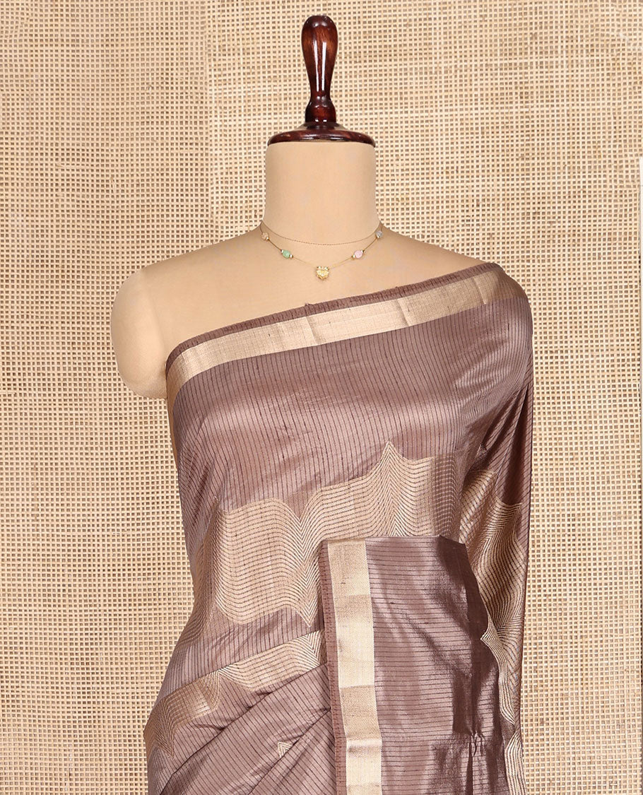 Brown Dupion Silk Saree, Boldly Accentuated with Zig-Zag Stripes, Highlighted by Zari Border, Complemented by a Contrast Zari Striped Pallu, and a Contrast Blouse