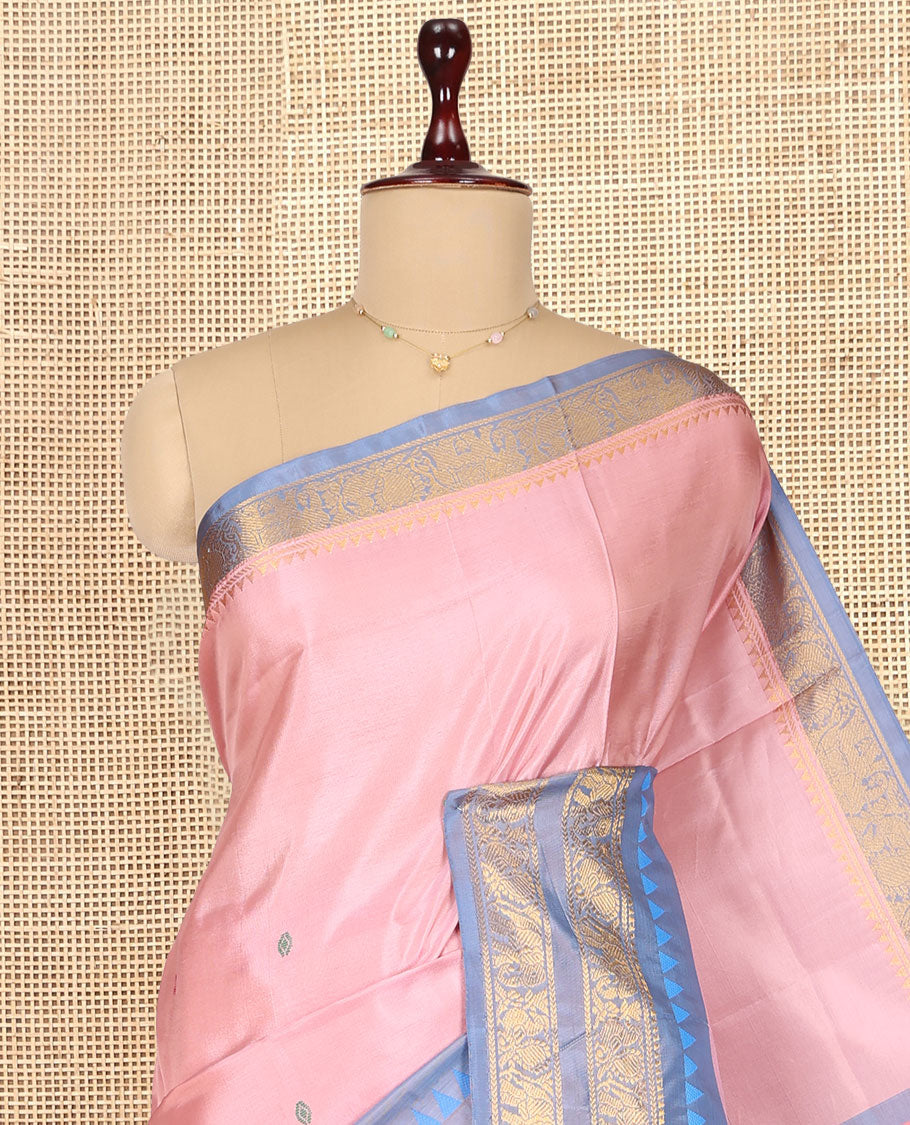 Pink Banana Pith Saree, Woven with Buttas, Complemented by a Contrast Traditional Rettai Pettu Border, Pallu of Stripes, and a Contrast Blouse