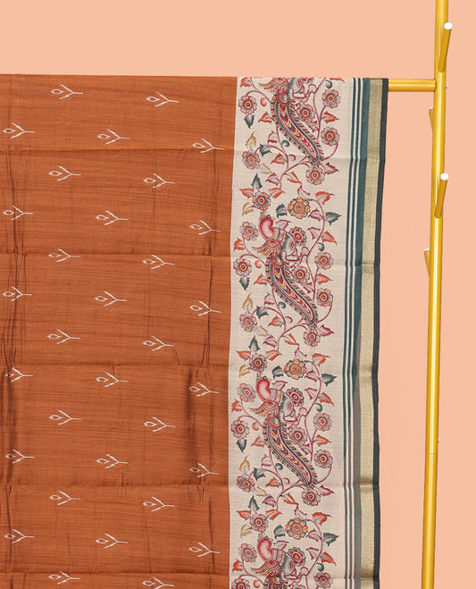 Brown Mul Mul Cotton Saree, Detailed with Ikat Buttas, Contrast Kalamkari Floral-Peacock Border, Kalamkari Printed Pallu, and a Contrast Blouse