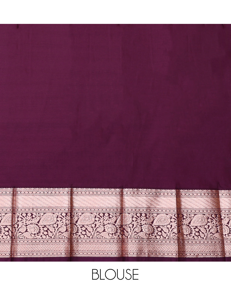 Lavender Budget Silk Saree, Embellished with Zari Buttas, Complemented by a Contrast Traditional Zari Border, Grand Pallu, and a Contrast Blouse
