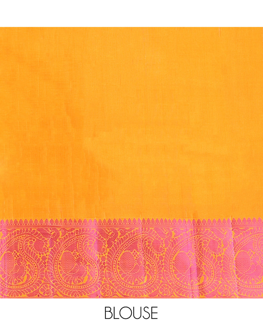 Sandal Kanchipuram Designer Silk Saree, Elevated with Mayil and Chakram Buttas All Over Its Body, Complemented by Contrast Border of Peacock Enclosed Paisleys, Jaal Pallu and Paired with a Contrast Blouse