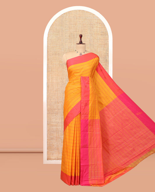 Orange Zari Striped Arani Saree, a Contrast Zari Butta Border, Zari Design Pallu, and a Contrast Blouse