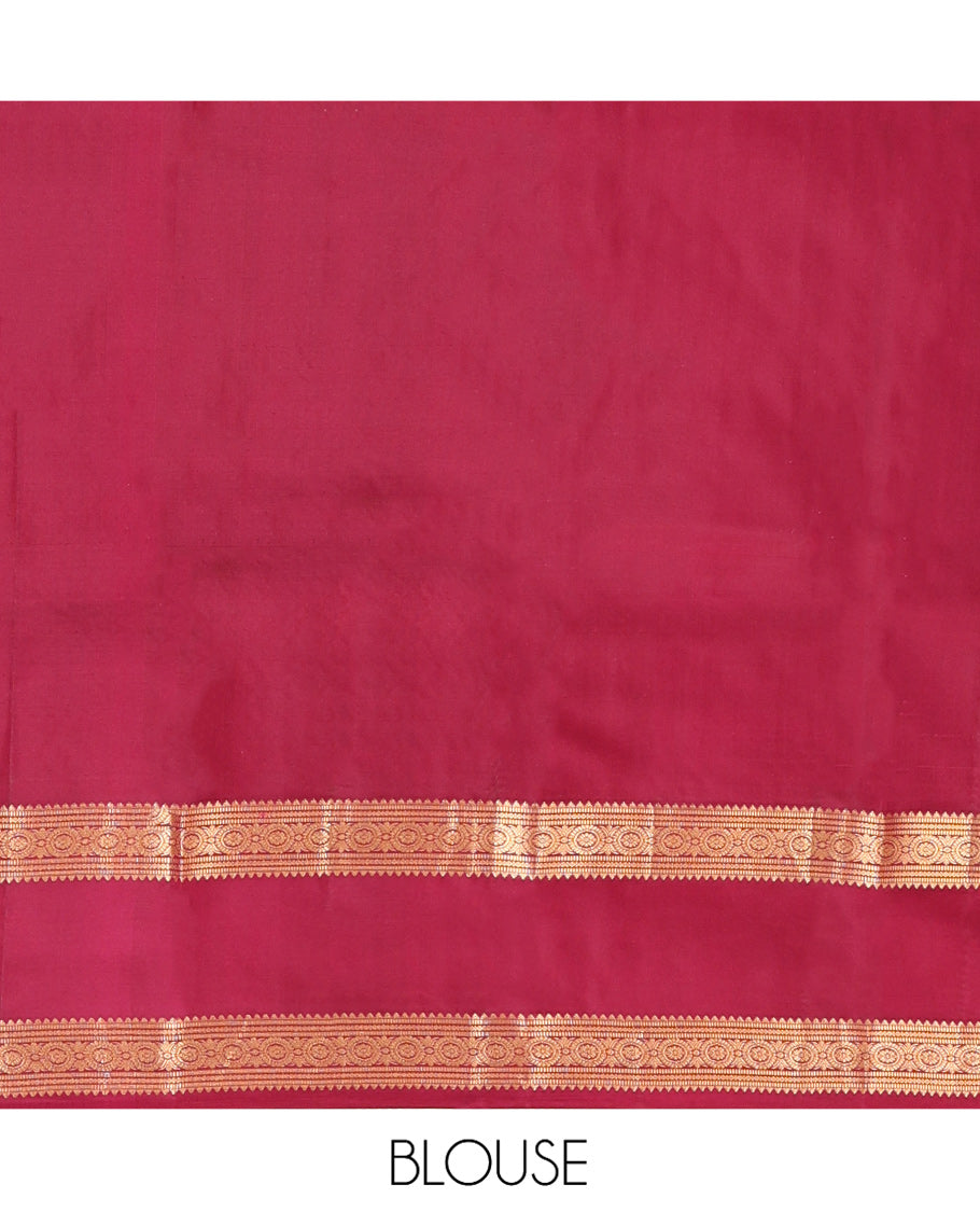 Cream Vasundhara Silk Saree, Steeped in Richness of Zari Buttas All Over Its Body, Complemented by a Contrast Rettai Pettu Border of Rekku, Muthu, and Chakram Designs, Grand Pallu, and Paired with a Contrast Blouse
