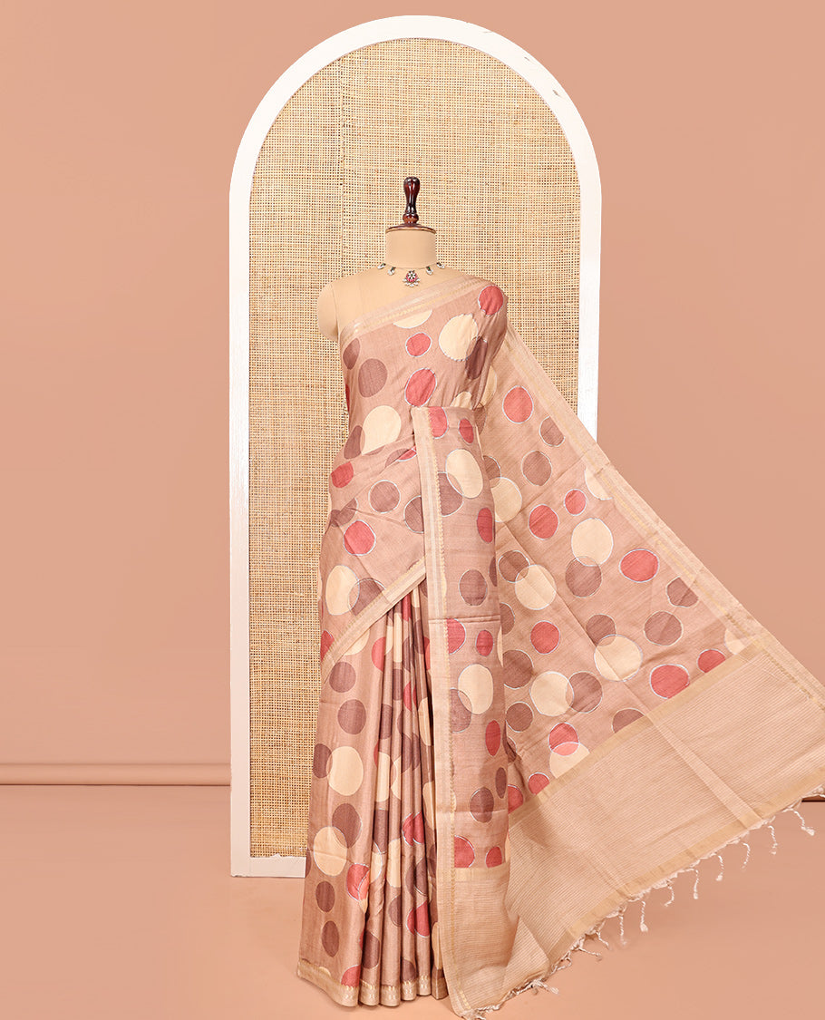 Brown Fancy Tussar Saree With Polka Dots, Zari Border, Pallu, and Blouse