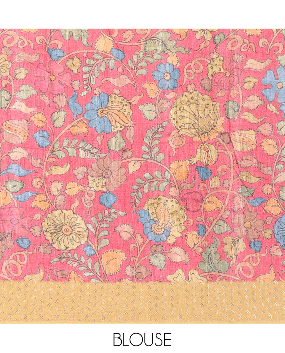Lavender Plain Fancy Tussar Silk Saree, Contrast Triangle Motif Border, Pallu of Kalamkari Peacock Motifs, and Contrast Kalamkari Printed Blouse
