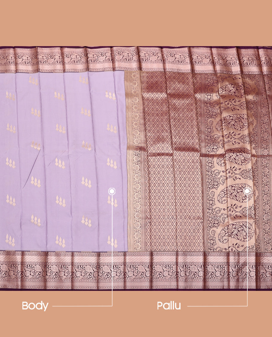 Lavender Budget Silk Saree, Embellished with Zari Buttas, Complemented by a Contrast Traditional Zari Border, Grand Pallu, and a Contrast Blouse