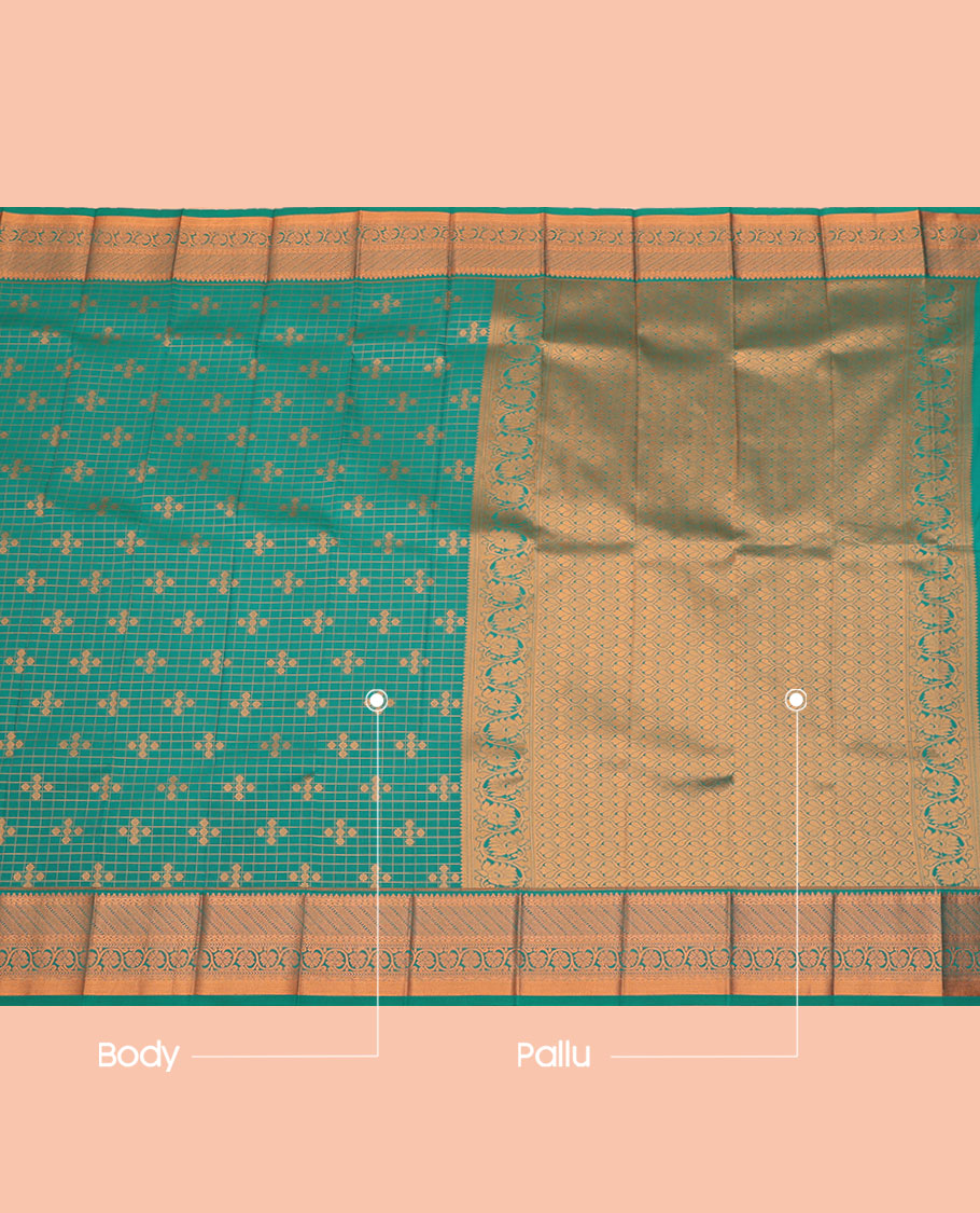 Dark Green Budget Silk Saree, Graced with Zari Buttas and Checks All Over Its Body, Highlighted by a Traditional Zari Design Border, Grand Pallu, and Paired with a Matching Blouse