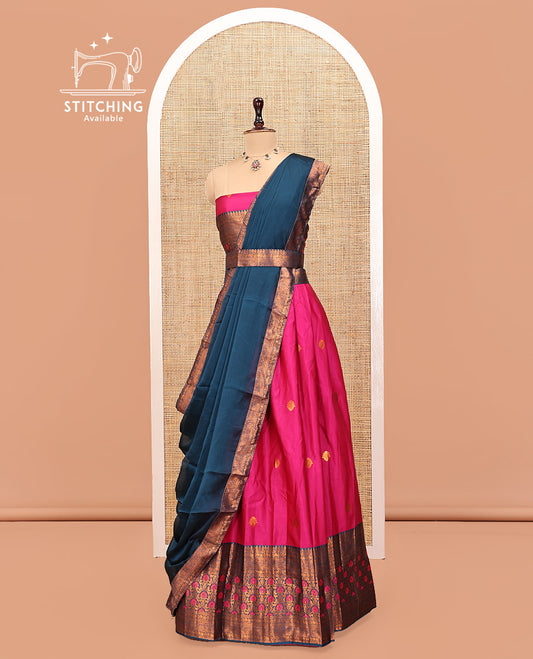 Pink Art Silk Half Saree Features Buttas Skirt, Complemented by Contrast Traditional Border, Matching Blouse, and a Plain Zari-Bordered Dhavani