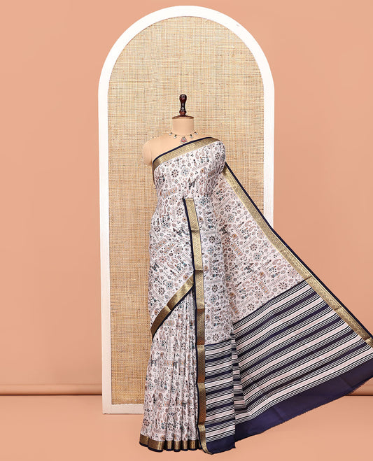 Cream Printed Silk Saree Artfully Designed with a Paisley, Fauna, and Human Print, Contrast Traditional Zari Border, Striped Pallu, and Contrast Blouse