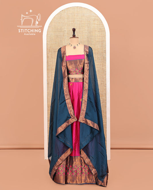 Magenta Art Silk Half Saree, Delicately Woven with Embossed and Buttas Skirt, Contrast Traditional Border, Matching Blouse, and a Contrast Dhavani