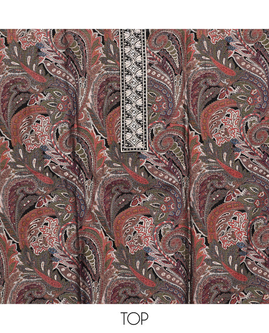 Black Material Chudidar Set, Mesmerized with Intricate Paisleys Print on Rayon Top, a Plain Cotton Bottom, and Paired with a Matching Plain Chiffon Dupatta