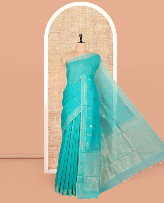 Turquoise Silk Cotton Saree, Delicately Woven with Zari Buttas, Zari Striped Border, Geometric Patterned Pallu, and a Matching  Blouse