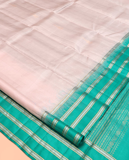 Off-White Kanchipuram Silk Saree, Sparsely Woven with Buttas, Contrast Varisai Pettu Border of Banaras and Neli Designs, Vanki Design Pallu, and a Contrast Blouse